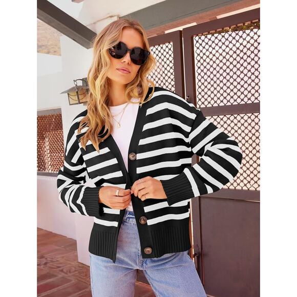 MEROKEETY Women's 2024 Long Sleeve Fall Cardigan Sweaters Striped Button Down - Picture 4 of 6
